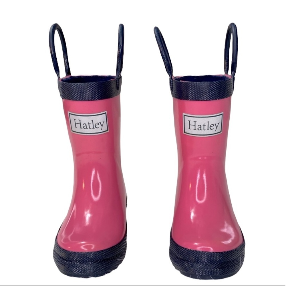 Hatley Girls Slide On Pink Navy Rubber Rainboots Size 4, EUC